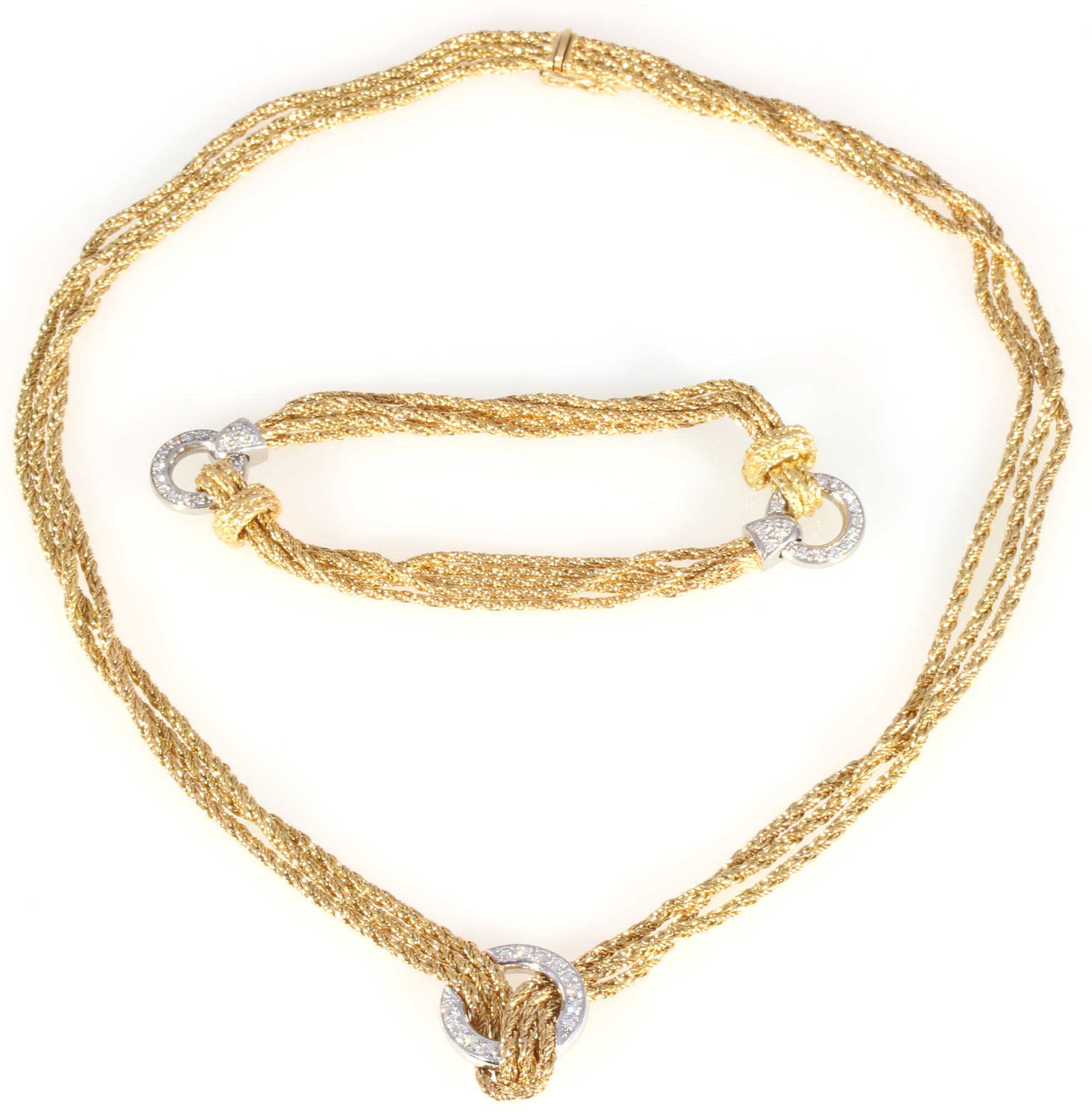 750 gold / 950 platinum diamond necklace and bracelet, cord, 18K Gold / 950 Platin Brillanten Coll