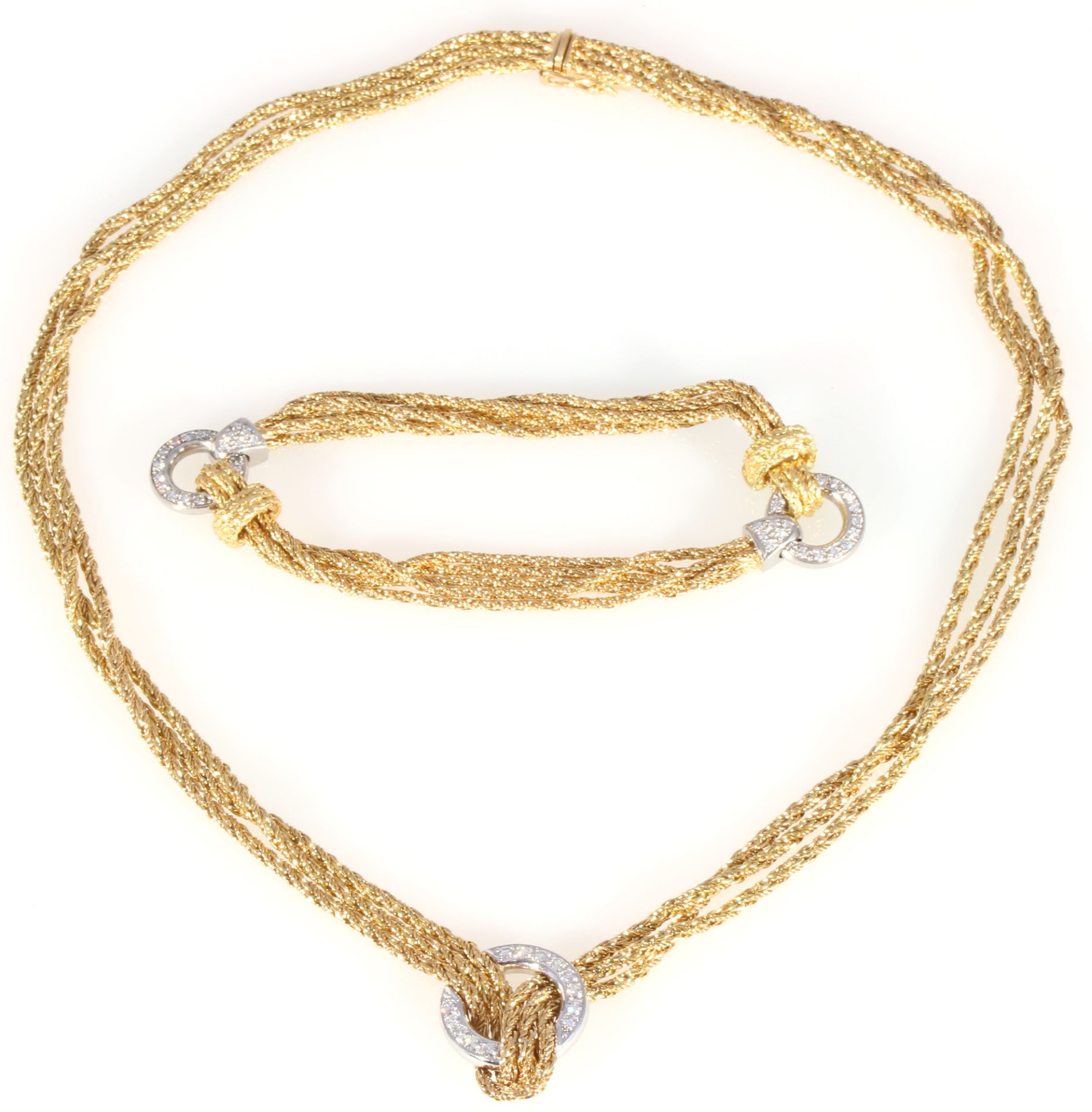 750 Gold / 950 Platin Brillanten Collier und Armband, Kordel, 18K gold / 950 platinum diamond neck