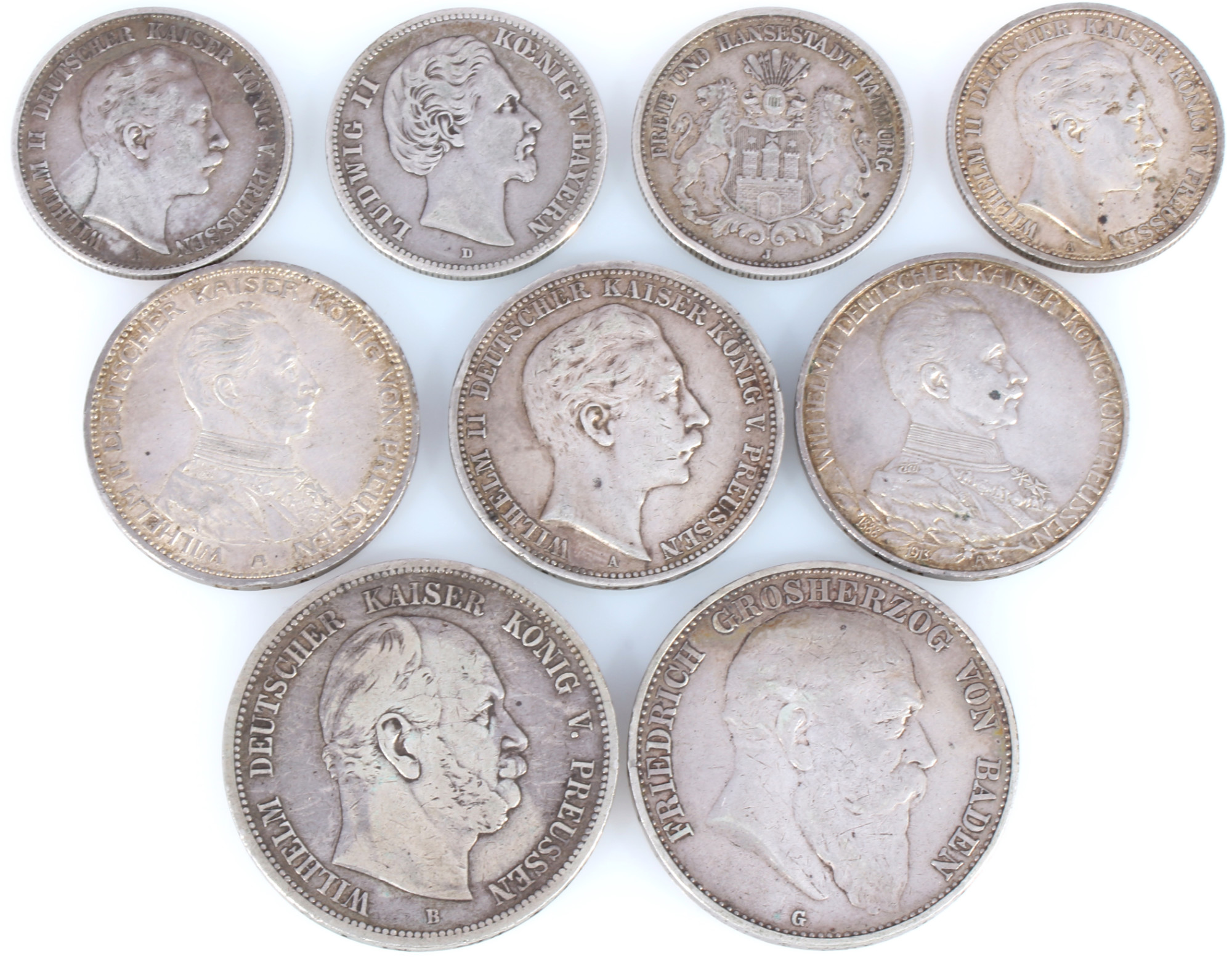 9 silver coins - Deutsche Mark 1875-1914 german empire, Silbermünzen Kaiserreich,