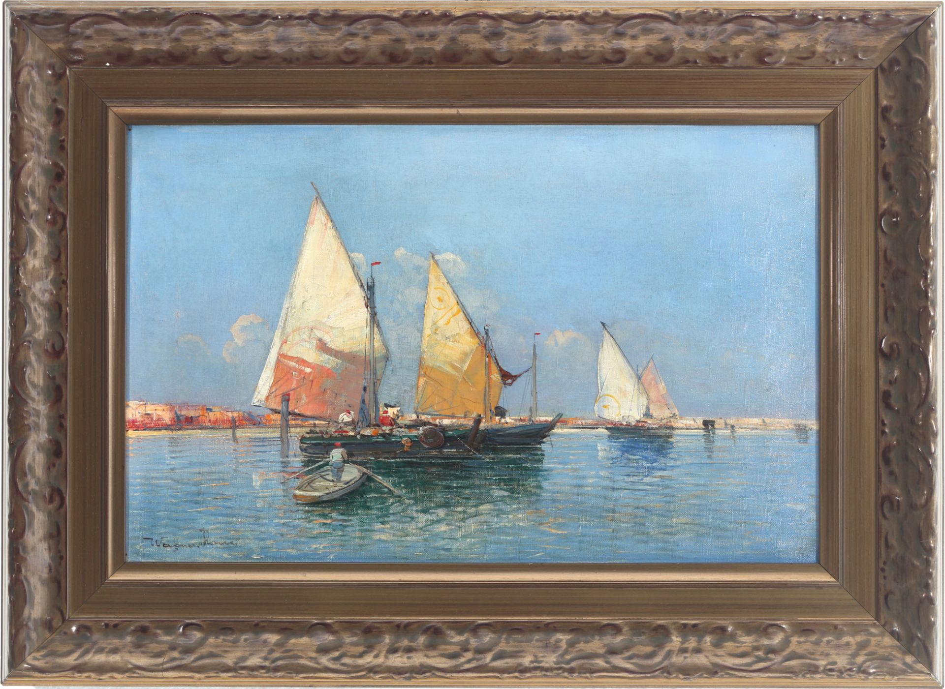 Georg Fischhof (1859-1914) Segelschiffe vor italienischer Küstenstadt, sailing ships in front of ita - Bild 2 aus 4