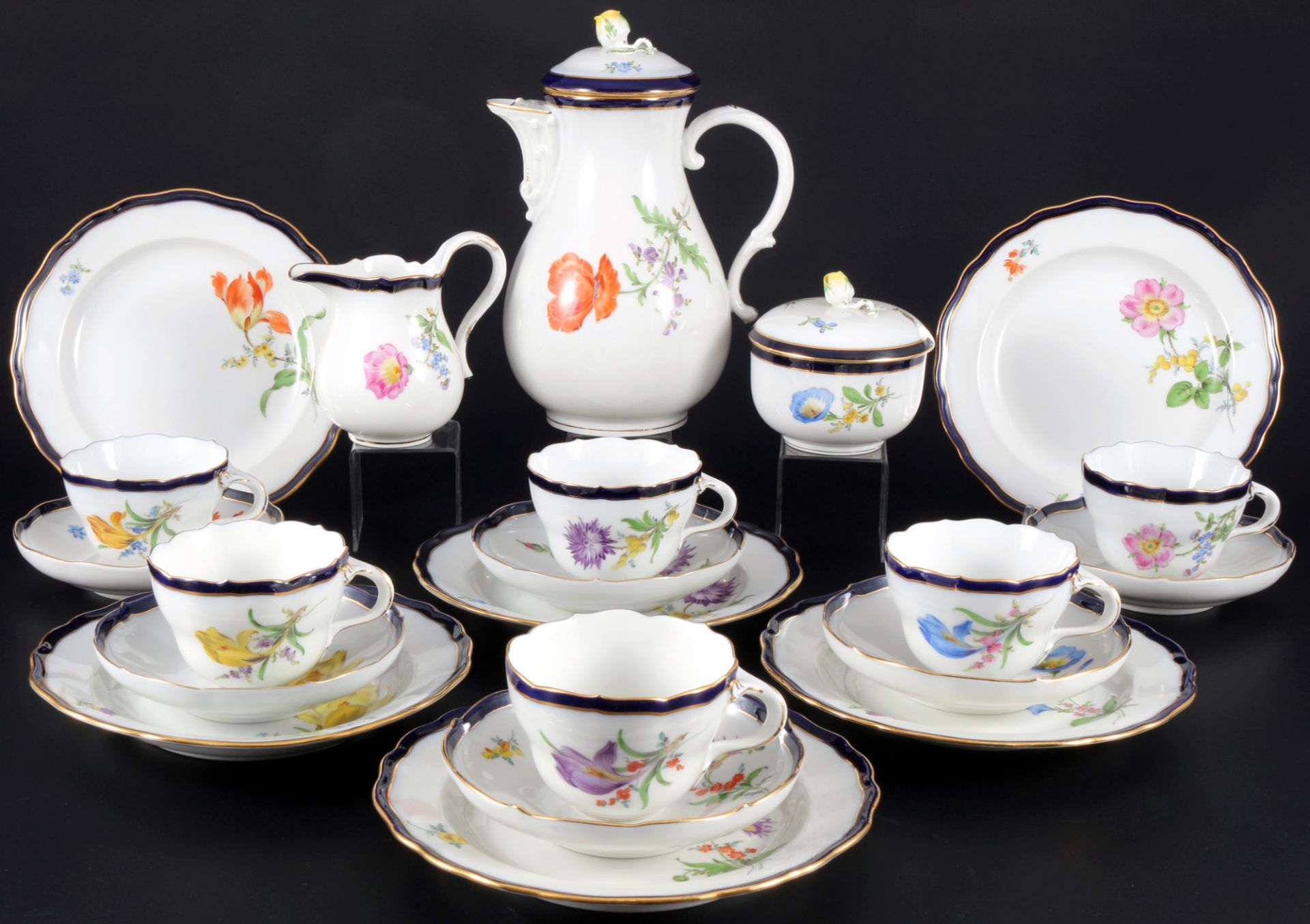 Meissen Blume mit kobaltblauem Rand Kaffeeservice für 6 Personen, coffee service for 6 pers.,