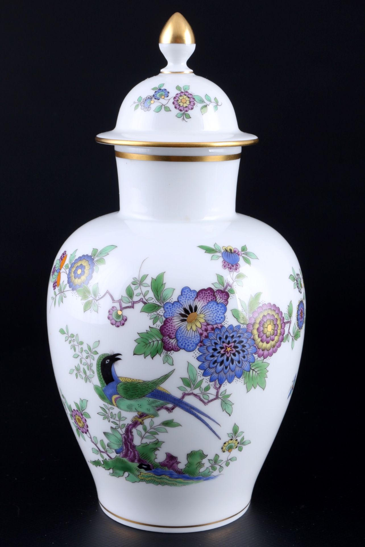 Meissen Indische Fels-, Blumen- und Vogelmalerei Deckelvase, lidded vase,