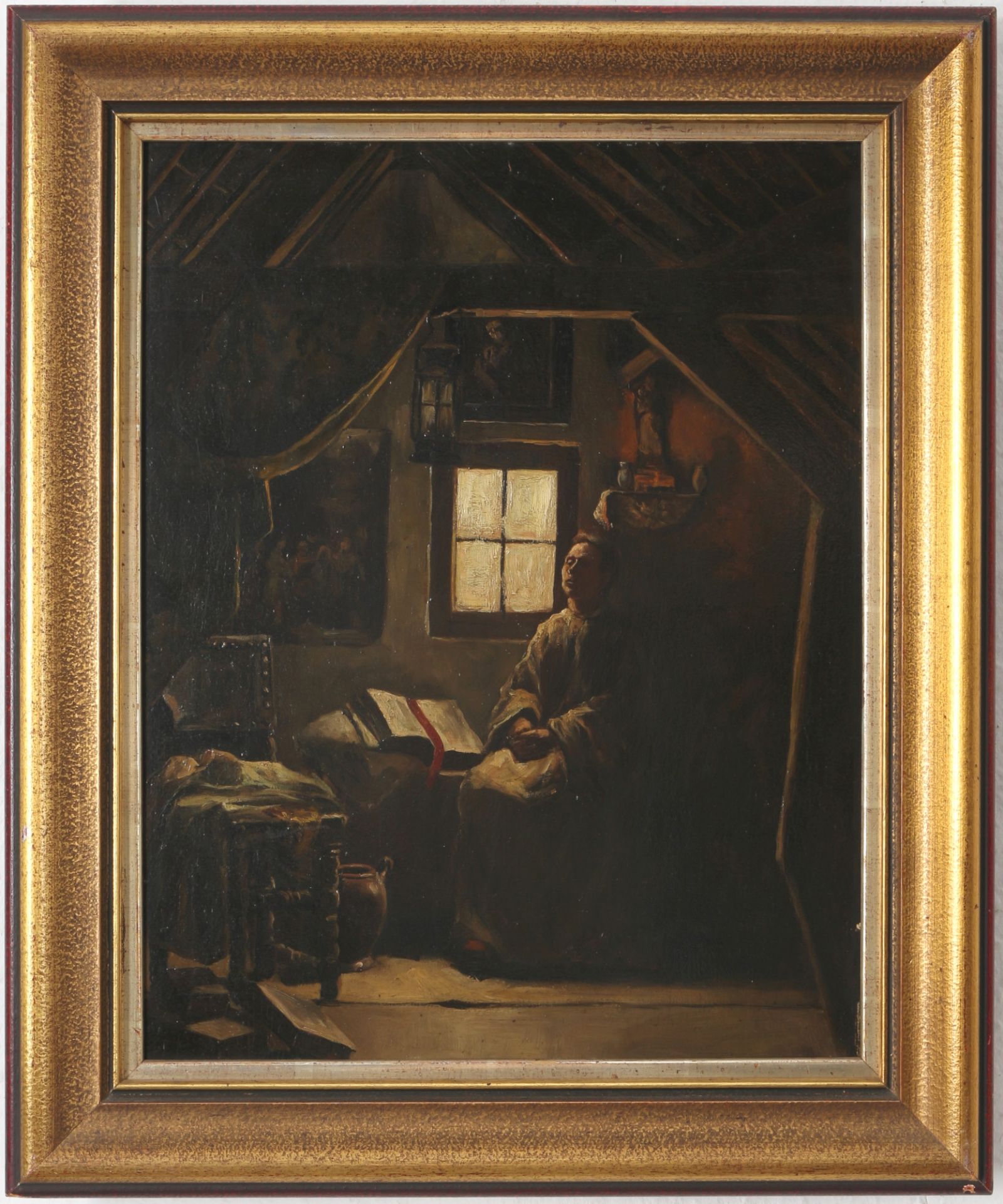 Unbekannter Maler 19. Jahrhundert Mönch in Klosterzelle, unknown artist monk in monastic cell 19th c - Bild 2 aus 3