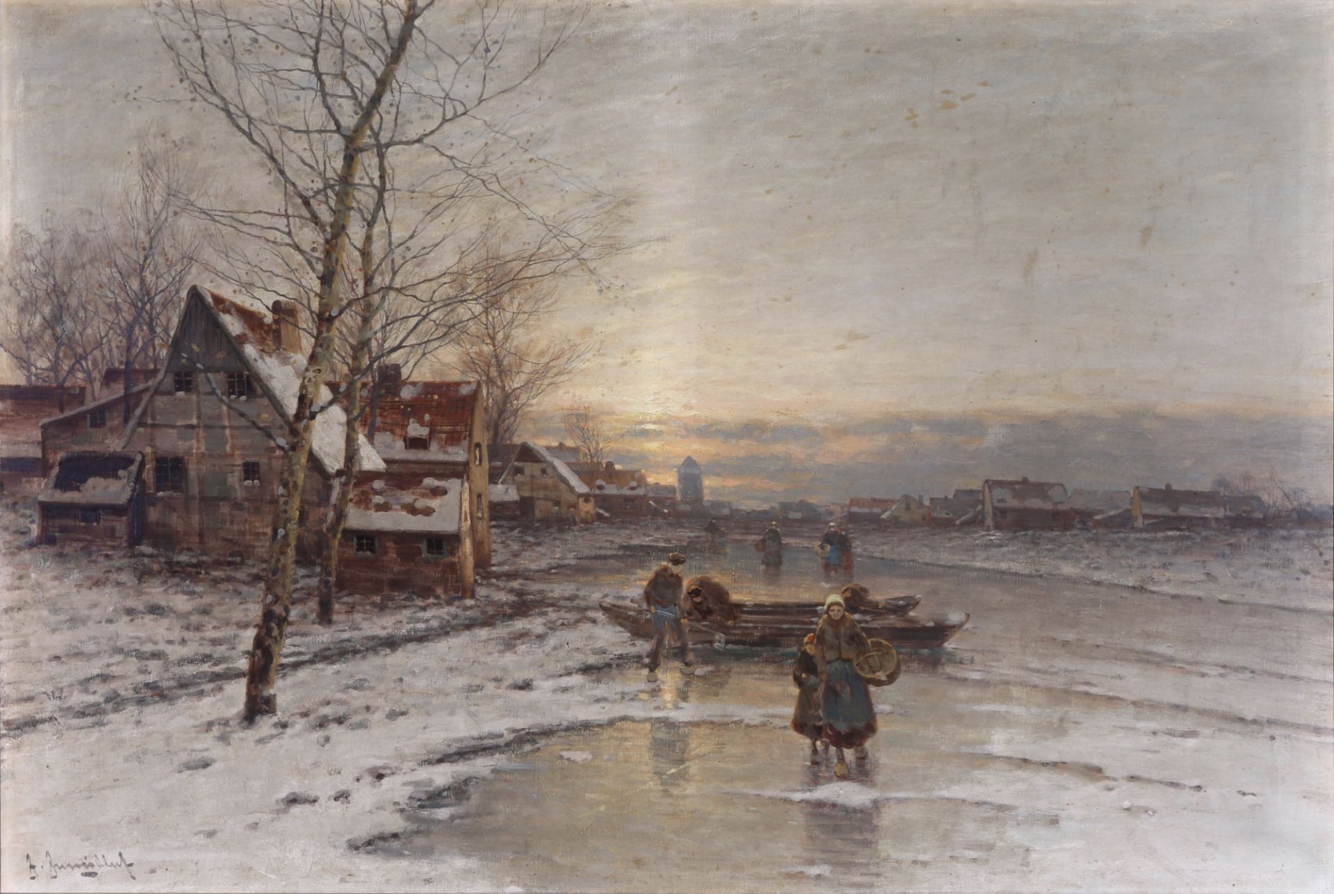 Johann Jungblut (1860-1912) verschneite Dorflandschaft mit zugefrorenem Fluss, snowy village with fr