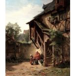 August Eduard Schliecker (1833-1911) Hofszenerie mit Großvater und Enkelin, courtyard scenery with g