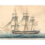 Marinemalerei 19. Jahrhundert, dänischer Dreimaster Fregatte Ariadne von Flensburg 1821, marine pain