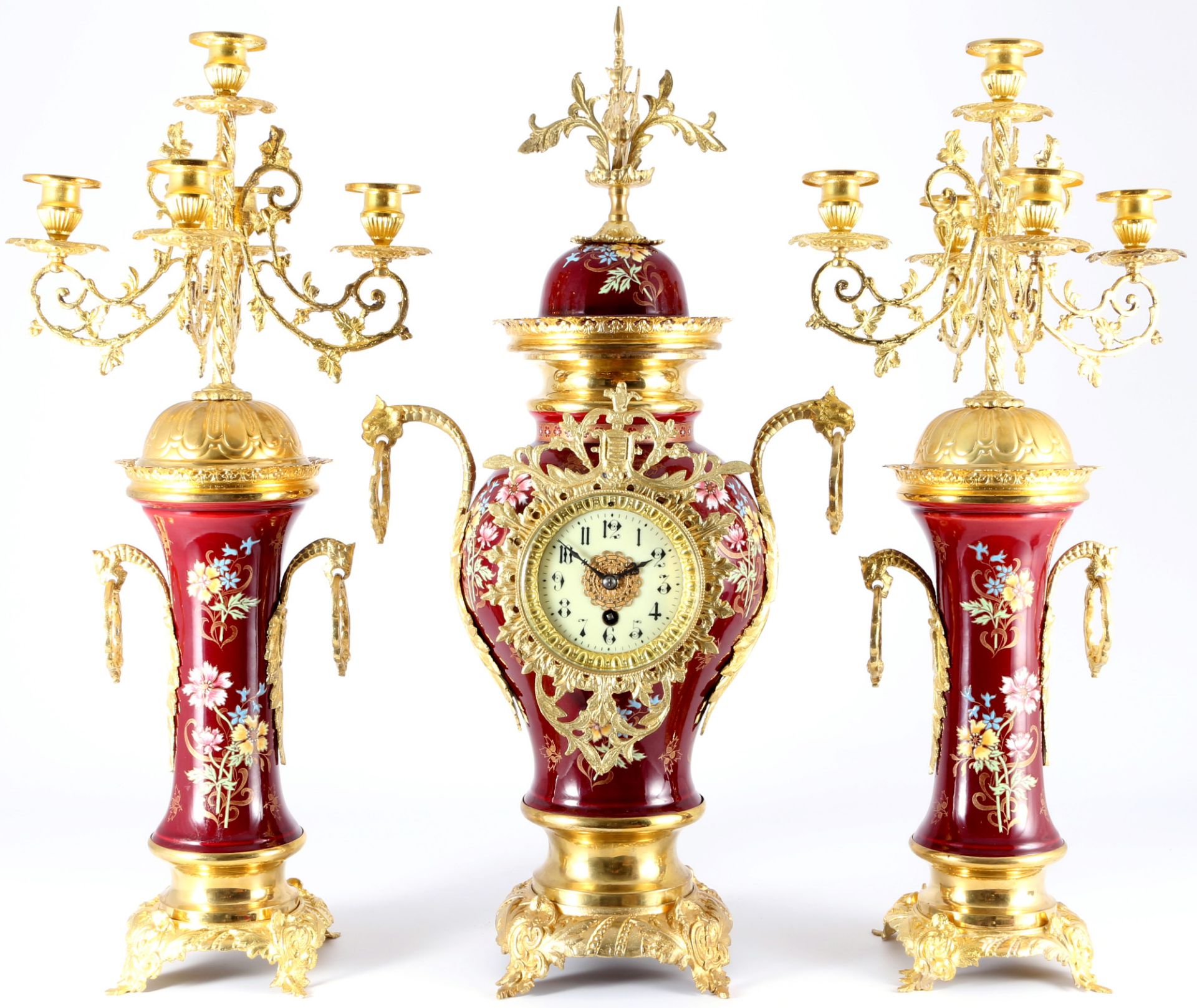 Große Porzellan Vasenuhr mit Kerzenständern Frankreich um 1900, porcelain french mantel clock set ca