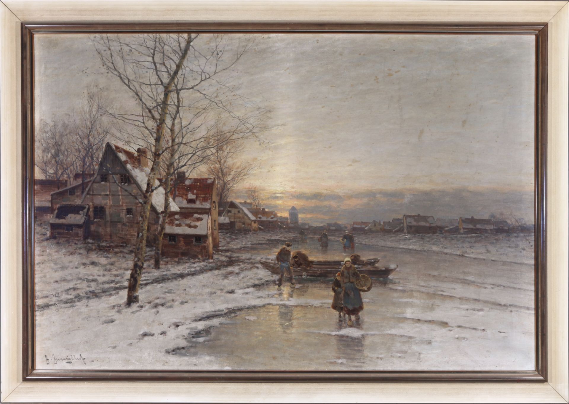 Johann Jungblut (1860-1912) verschneite Dorflandschaft mit zugefrorenem Fluss, snowy village with fr - Bild 2 aus 5