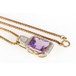 585 gold amethyst pendant with diamonds and 585 gold chain, 14K Gold Anhänger Amethyst mit Brillante