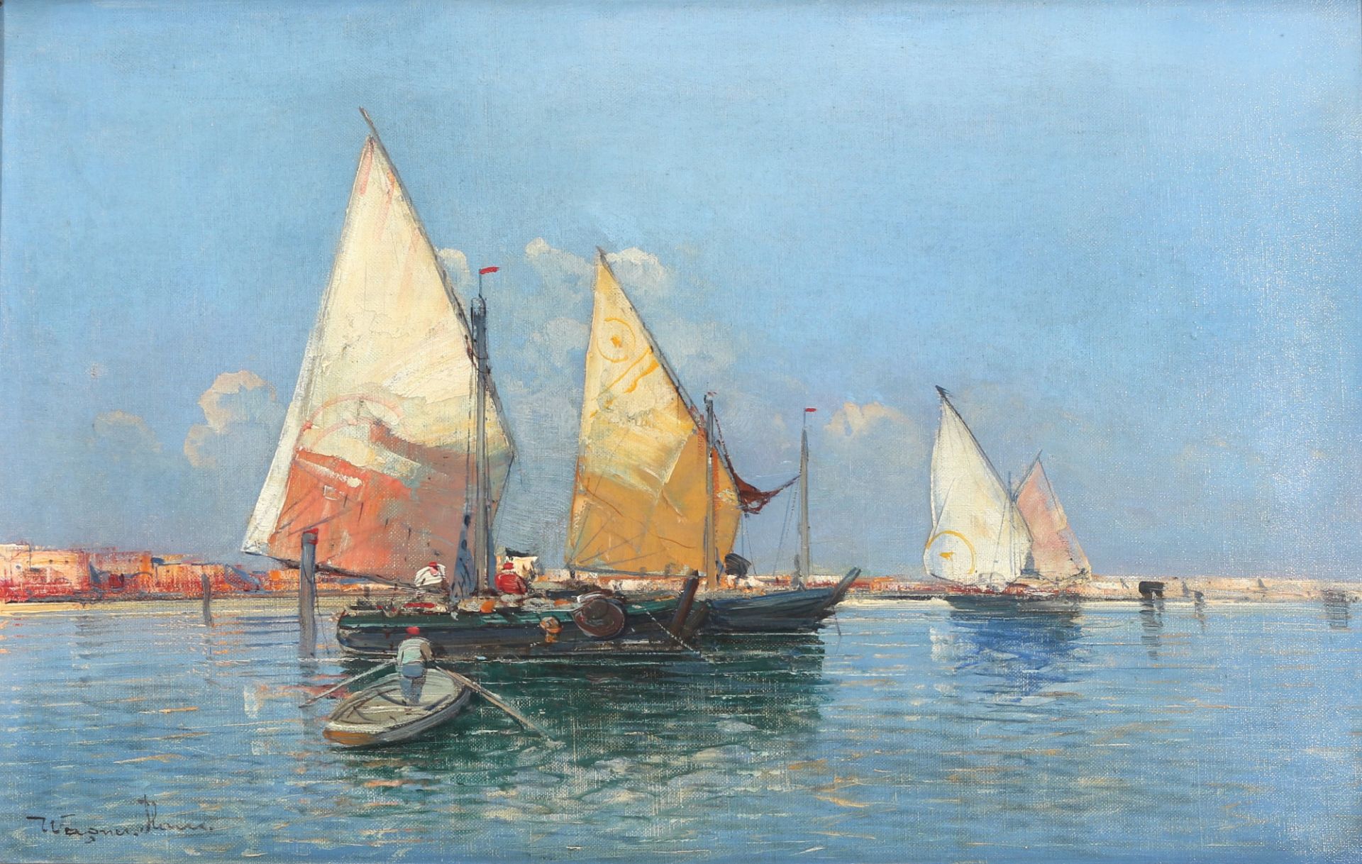 Georg Fischhof (1859-1914) Segelschiffe vor italienischer Küstenstadt, sailing ships in front of ita