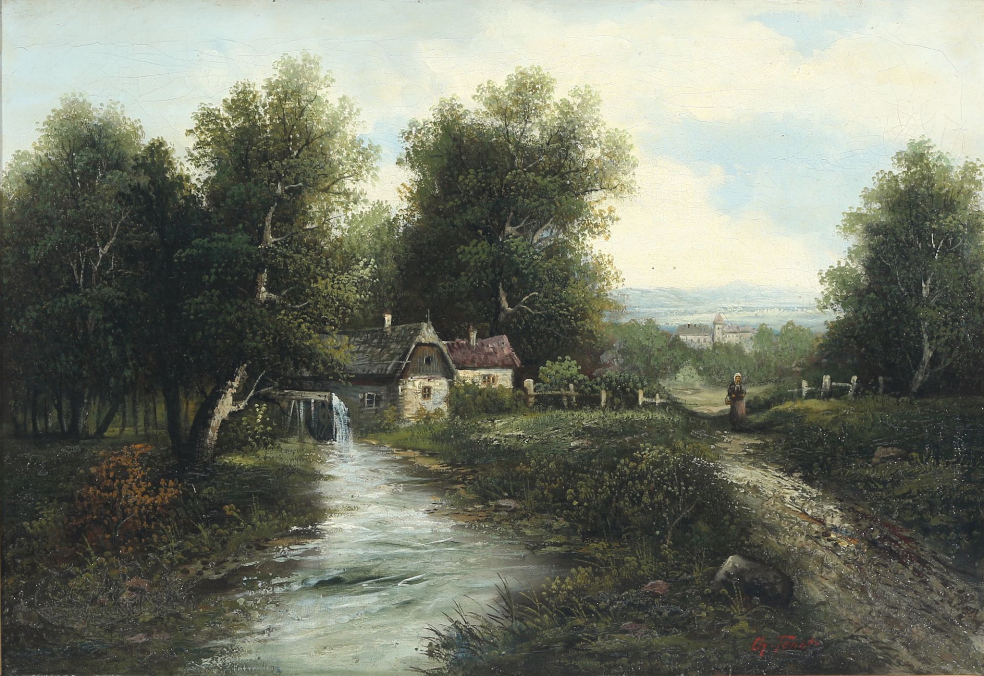 Ch. Tenot, 19. Jahrhundert Bachlauf mit Wassermühle, stream with water mill 19th century,