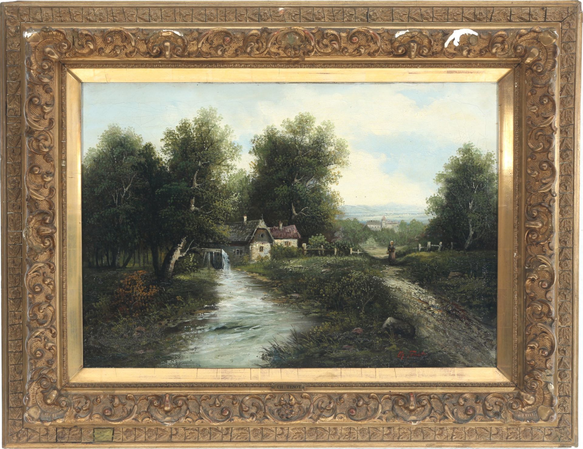 Ch. Tenot, 19. Jahrhundert Bachlauf mit Wassermühle, stream with water mill 19th century, - Bild 2 aus 5