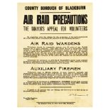 Propaganda Poster Blackburn Air Aid Warden Recruitment WWII Home Front