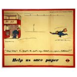 London Underground Poster Fougasse Help Us Save Paper WWII Double Decker Bus