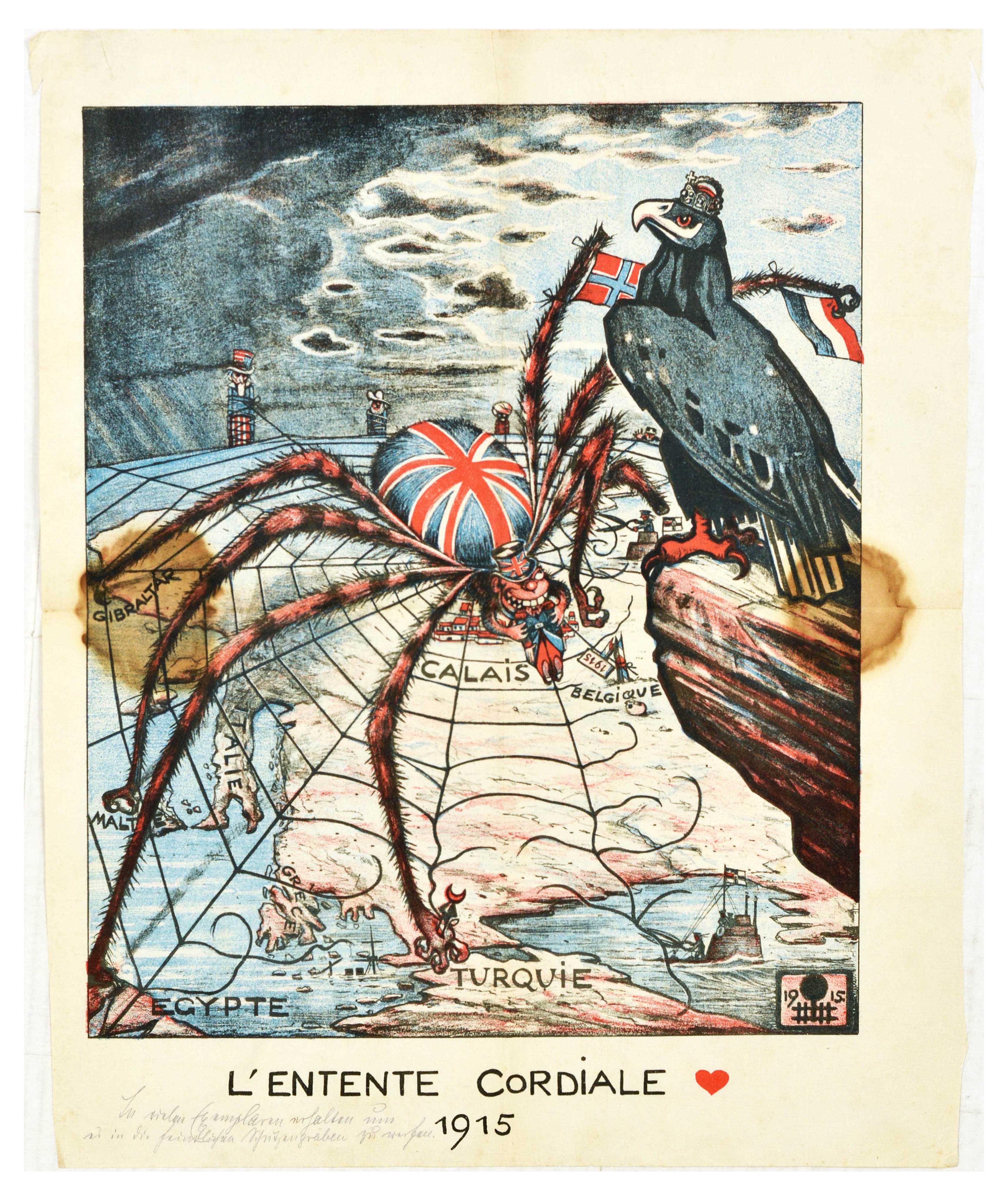 War Poster WWI Entente Cordiale British Spider Anglo French Alliance Prussian Eagle