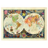 Travel Poster TAI Airline Planisphere Illustrated Map France