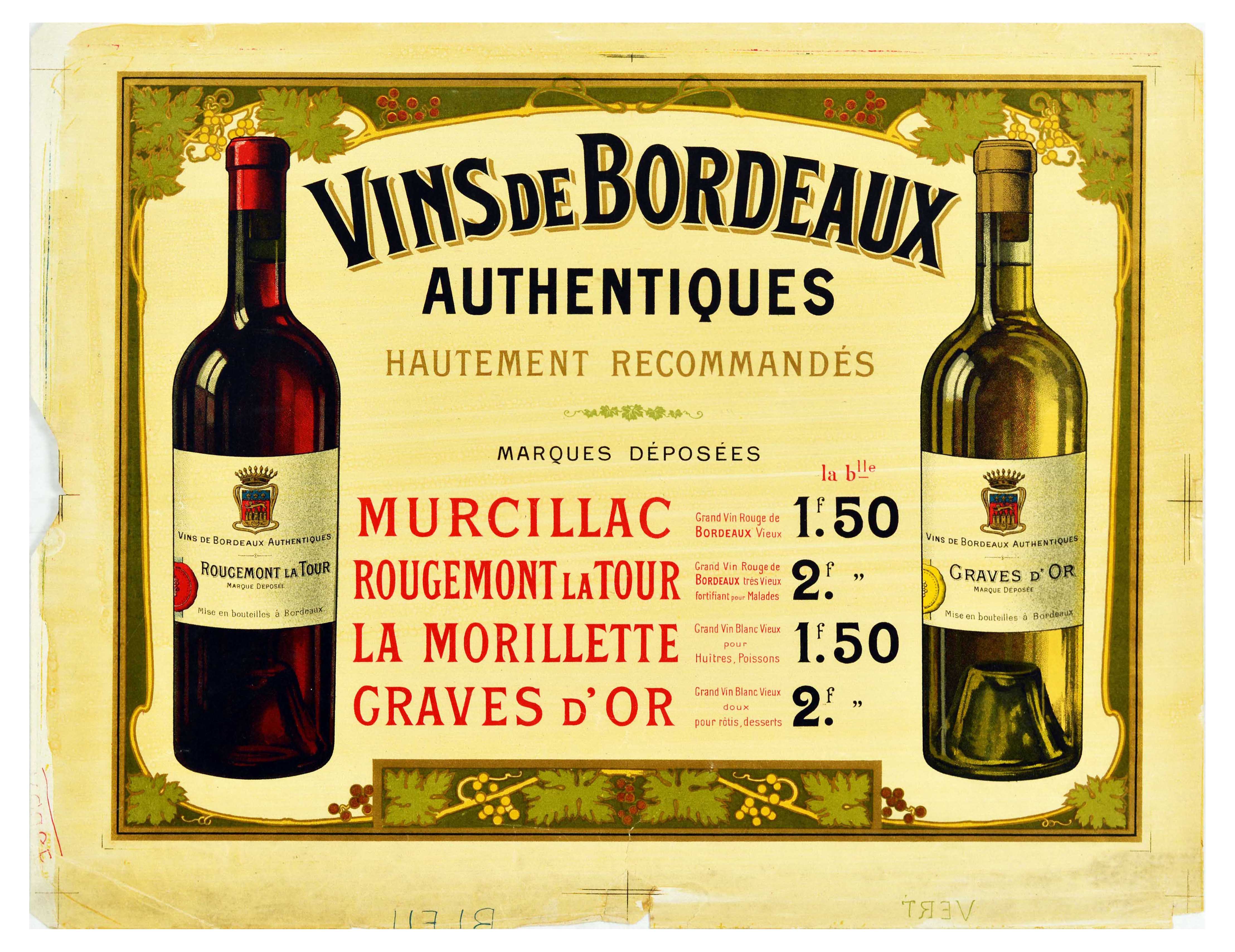 Advertising Poster Vins De Bordeaux Wine France Drink Alcohol Murcillac Morillette