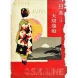 Travel Poster Visit Japan OSK Line Mount Fuji Cruise Ship Geisha Kimono