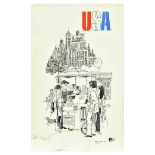 Travel Poster USA New York Hot Dog Stand Washington Square Arch Skyline