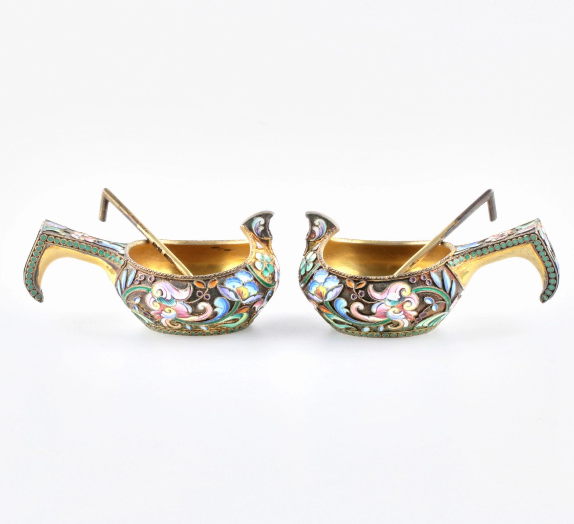 Pair of cloisonne enamel silver saltcellars