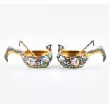 Pair of cloisonne enamel silver saltcellars