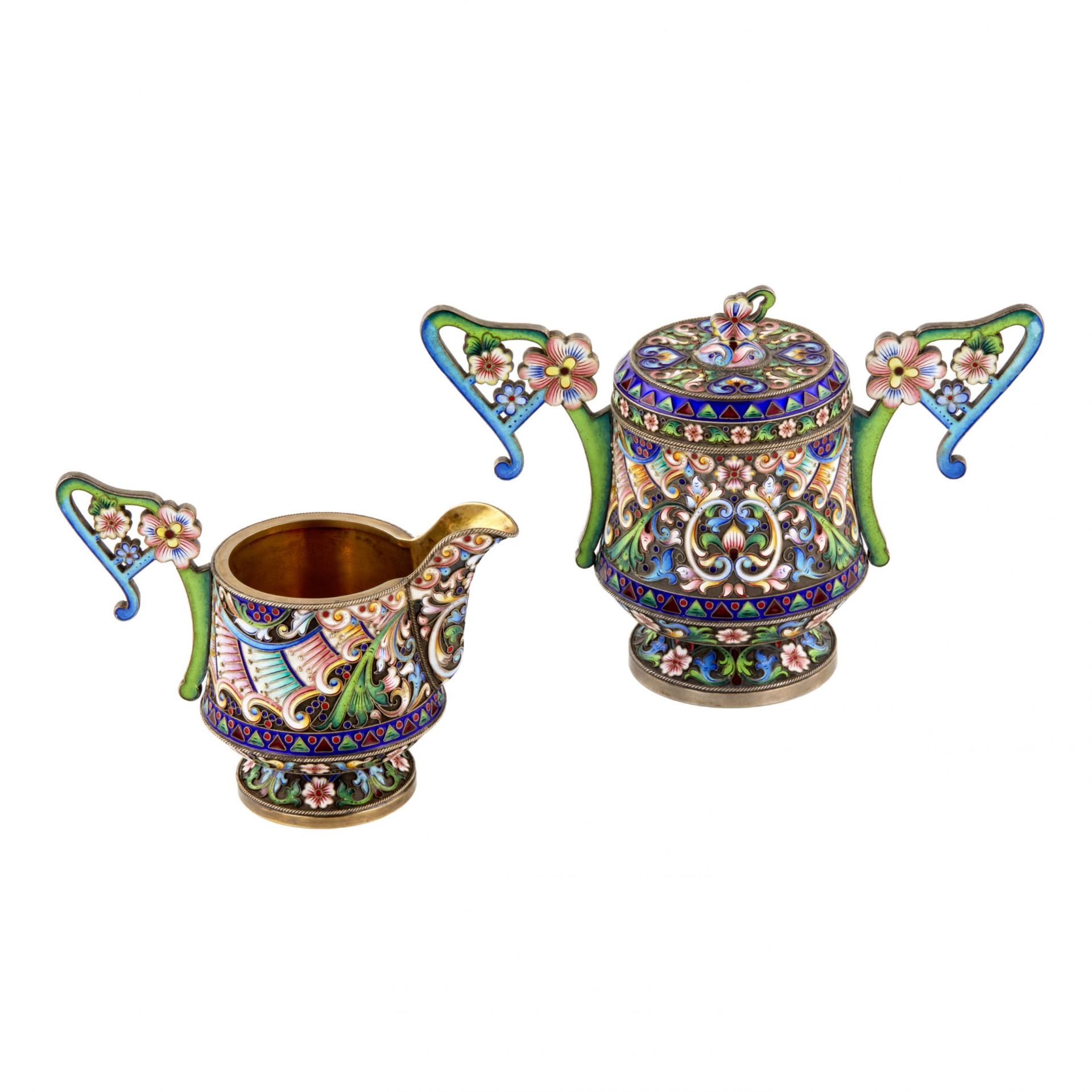 Art Nouveau cloisonné enamel Russian silver creamer and sugar bowl.