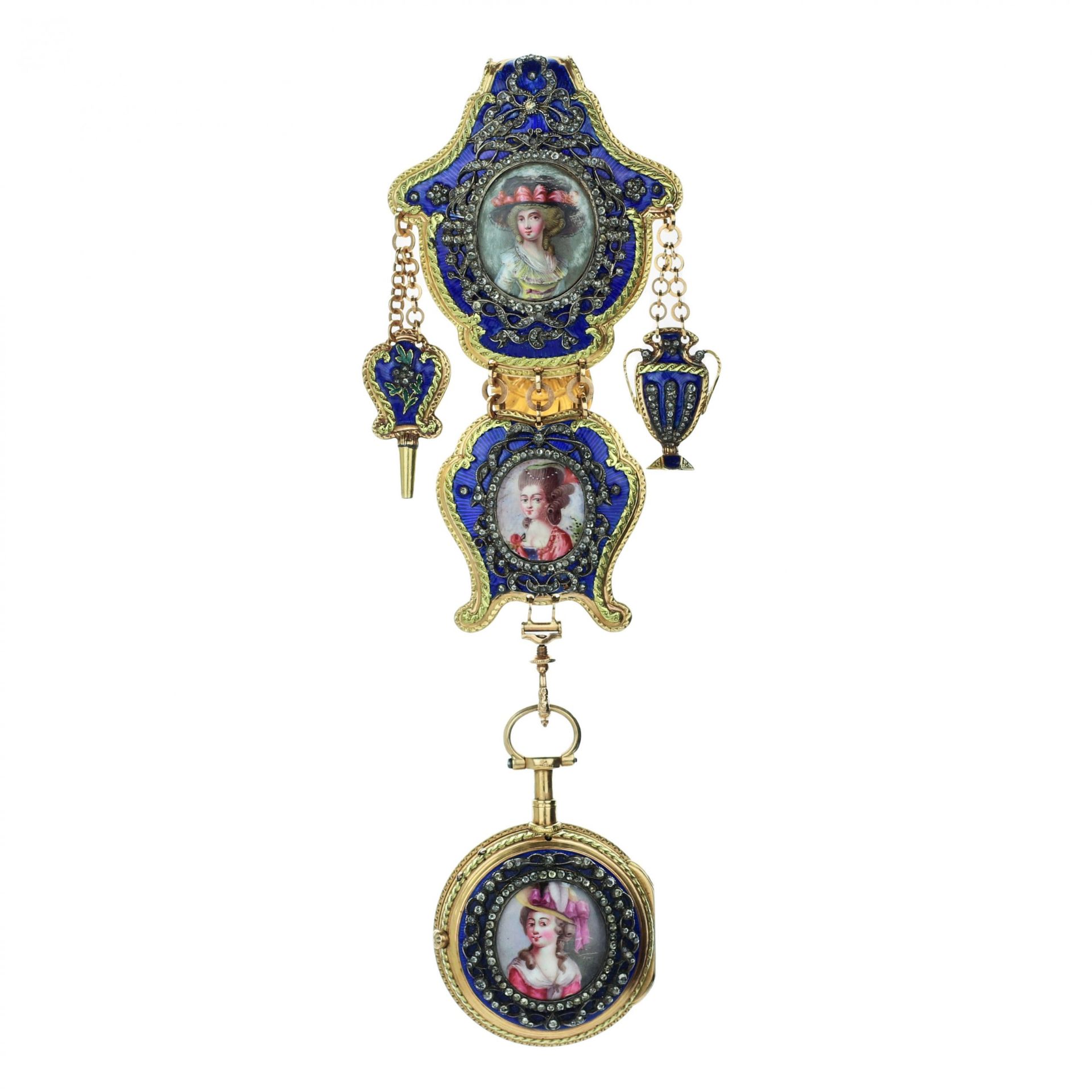 Chatelain with gold pocket watch, diamonds and enamel painting. France 19th century.