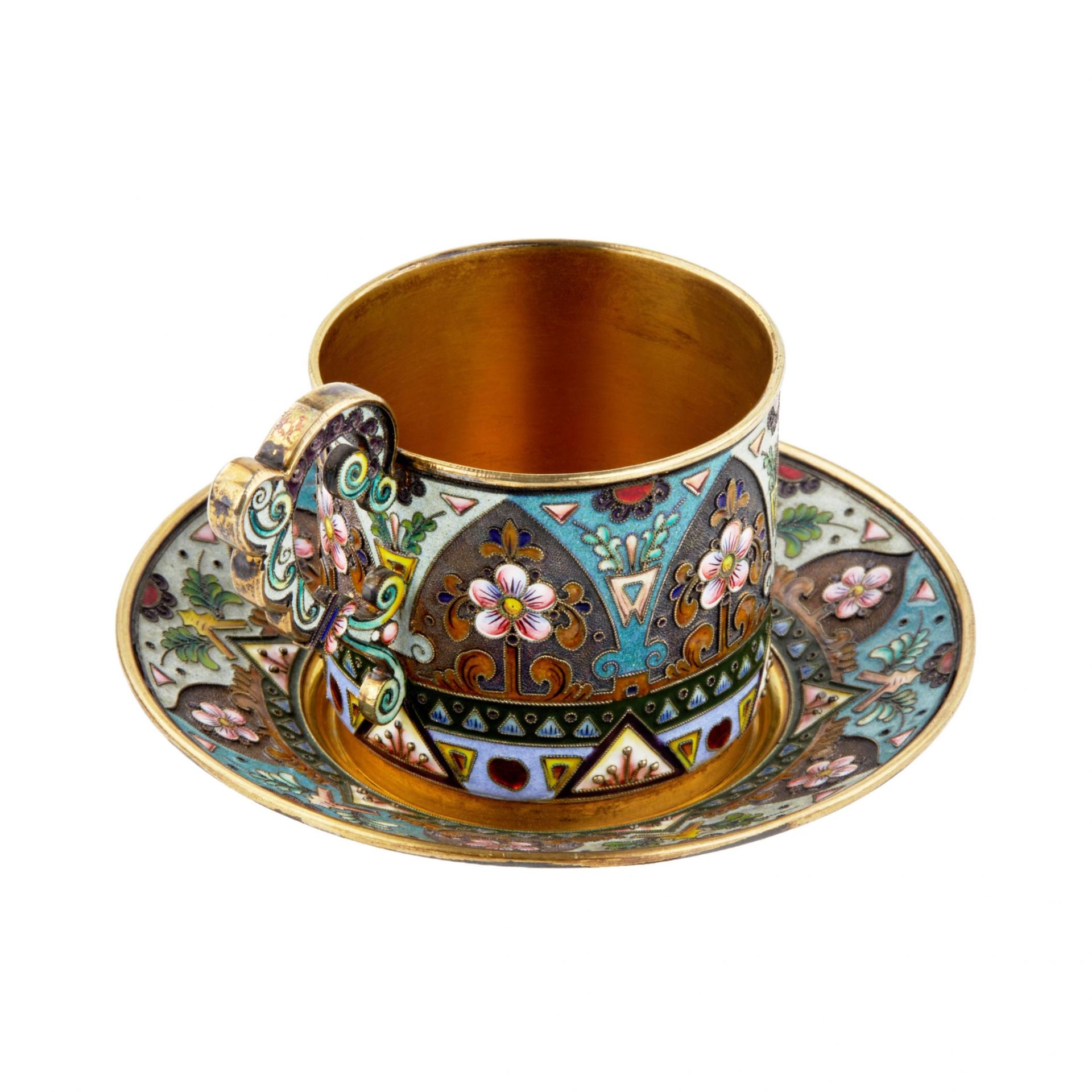 Amazingly beautiful enamel cup and saucer, Russian Art Nouveau in silver. - Bild 3 aus 8