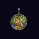An elegant gold pendant on a chain with Our Lady on stained glass enamel, in an antique case
