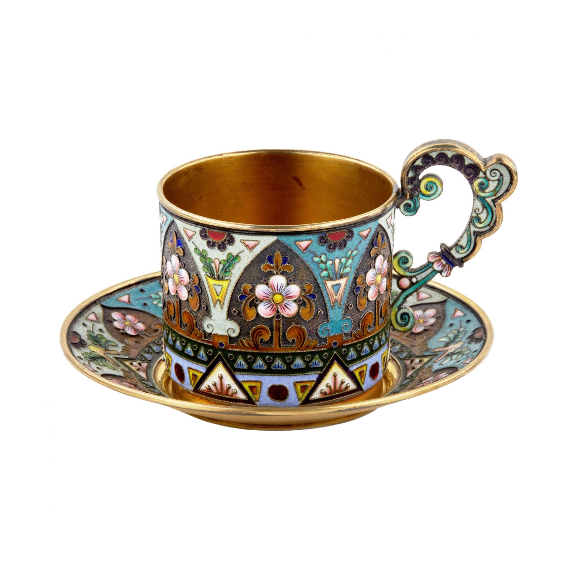 Amazingly beautiful enamel cup and saucer, Russian Art Nouveau in silver. - Bild 2 aus 8