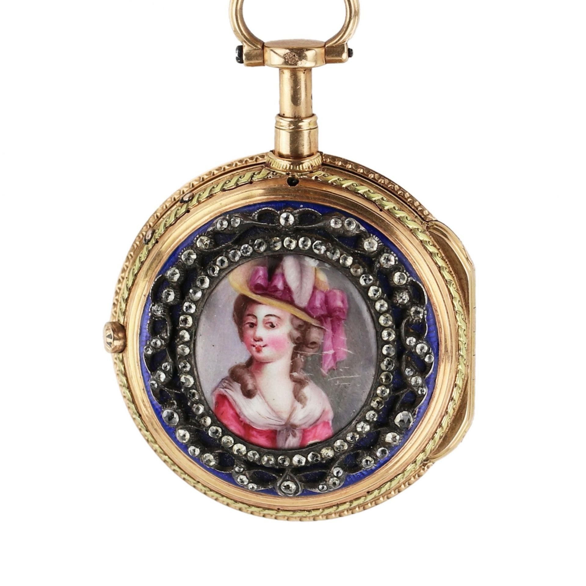 Chatelain with gold pocket watch, diamonds and enamel painting. France 19th century. - Image 7 of 10