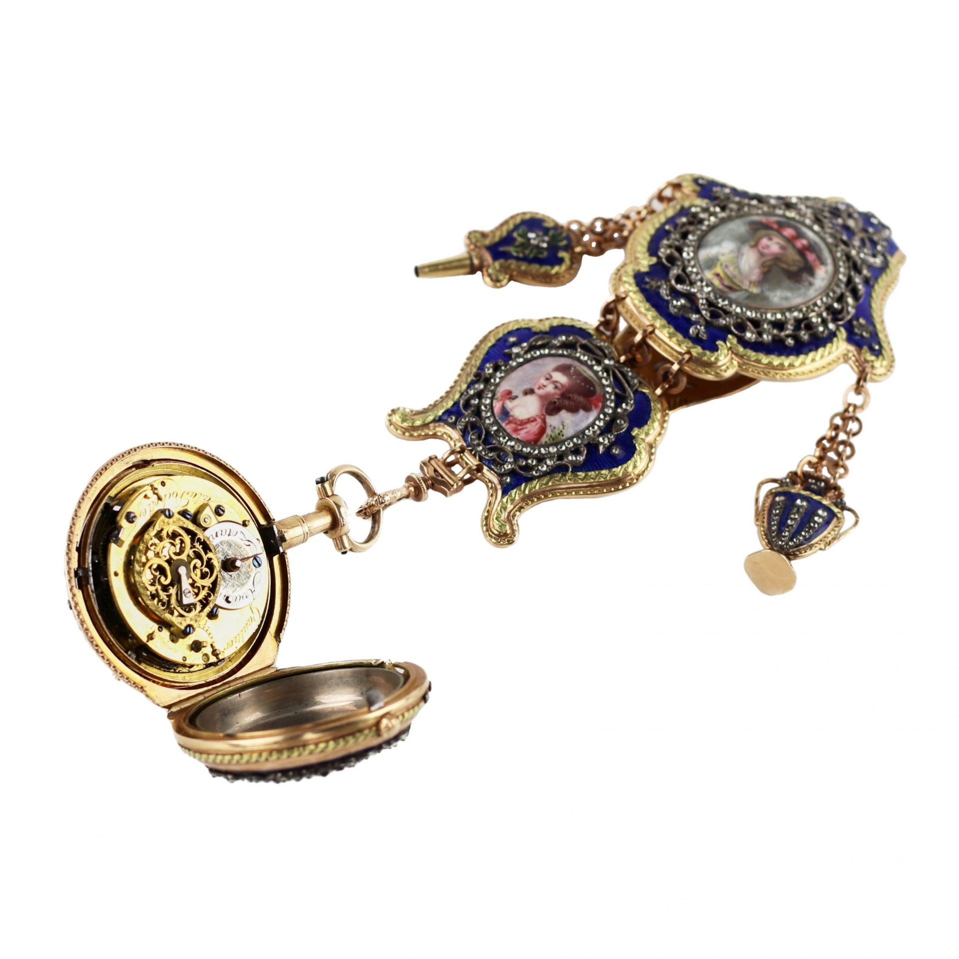 Chatelain with gold pocket watch, diamonds and enamel painting. France 19th century. - Image 3 of 10