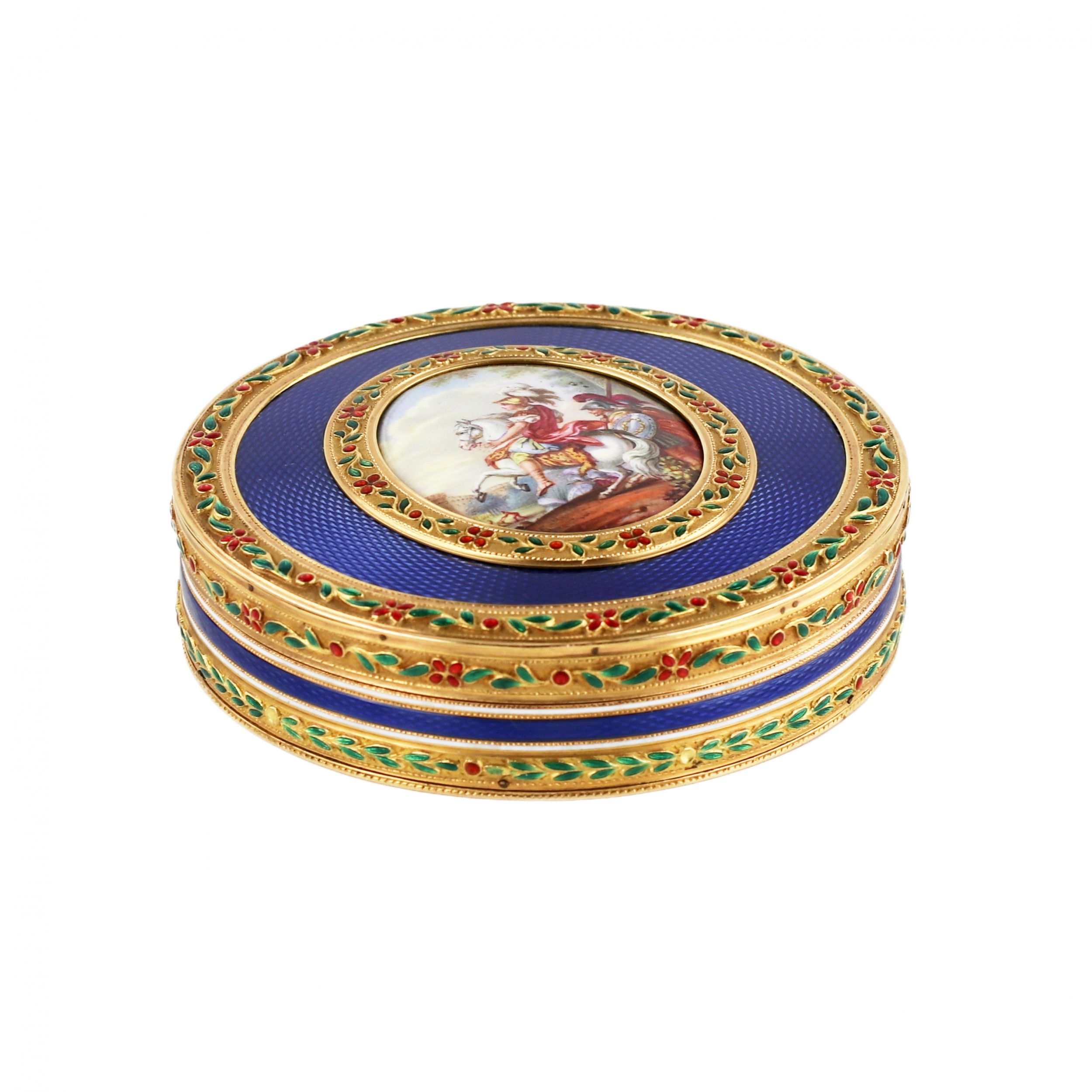 French gilded snuffbox of the late 18th century, with enamel decoration and painting.