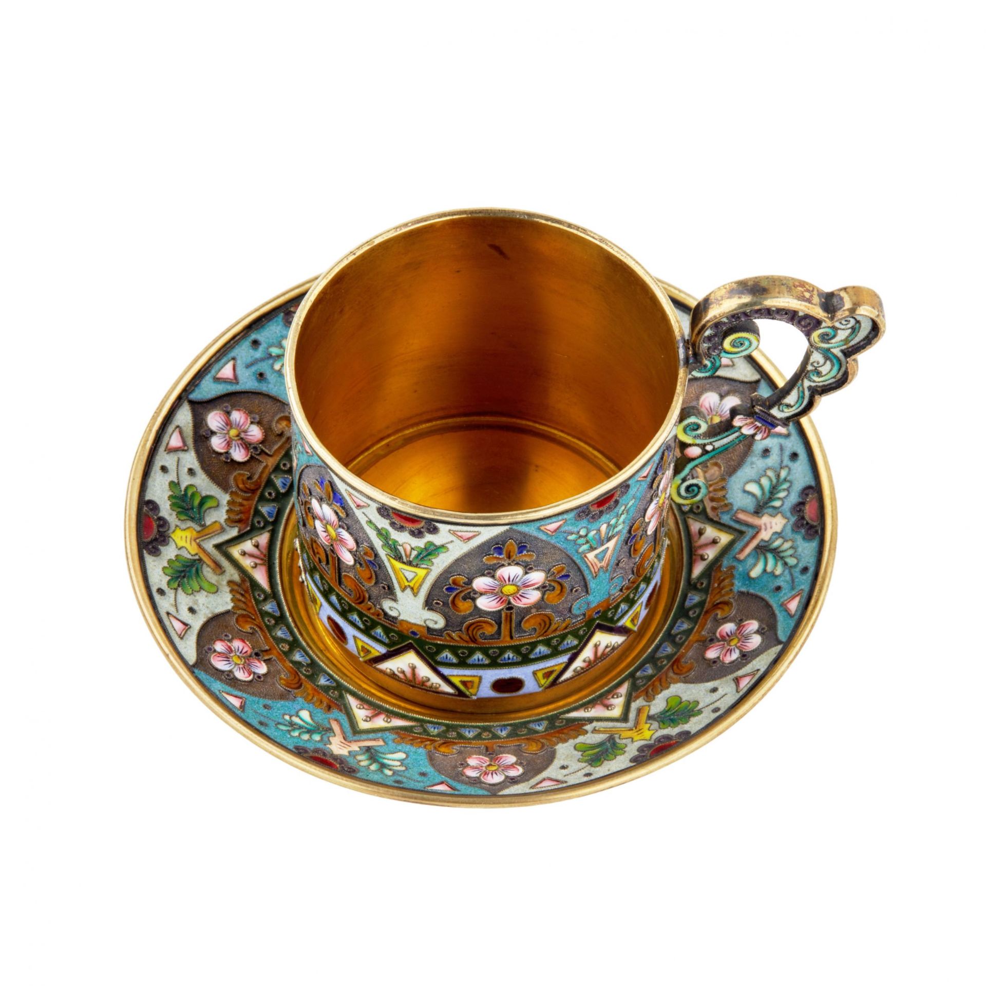 Amazingly beautiful enamel cup and saucer, Russian Art Nouveau in silver. - Bild 4 aus 8