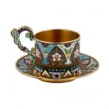 Amazingly beautiful enamel cup and saucer, Russian Art Nouveau in silver.