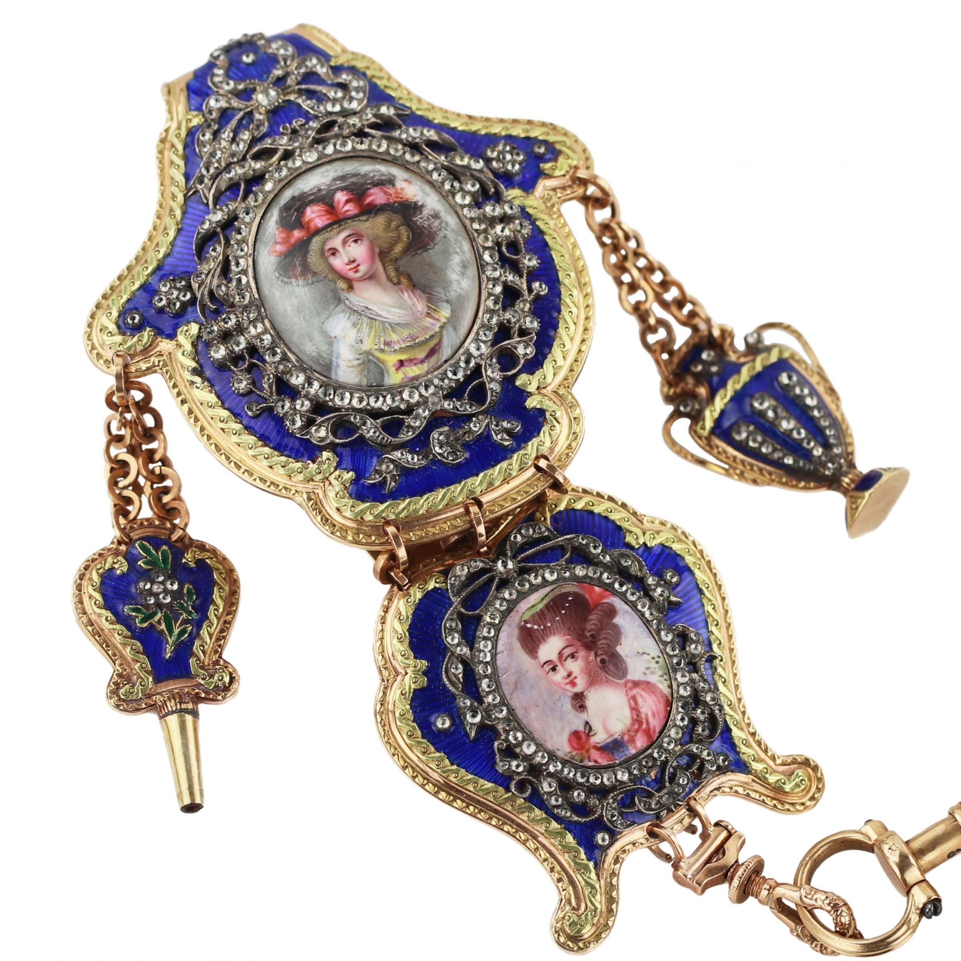 Chatelain with gold pocket watch, diamonds and enamel painting. France 19th century. - Image 5 of 10