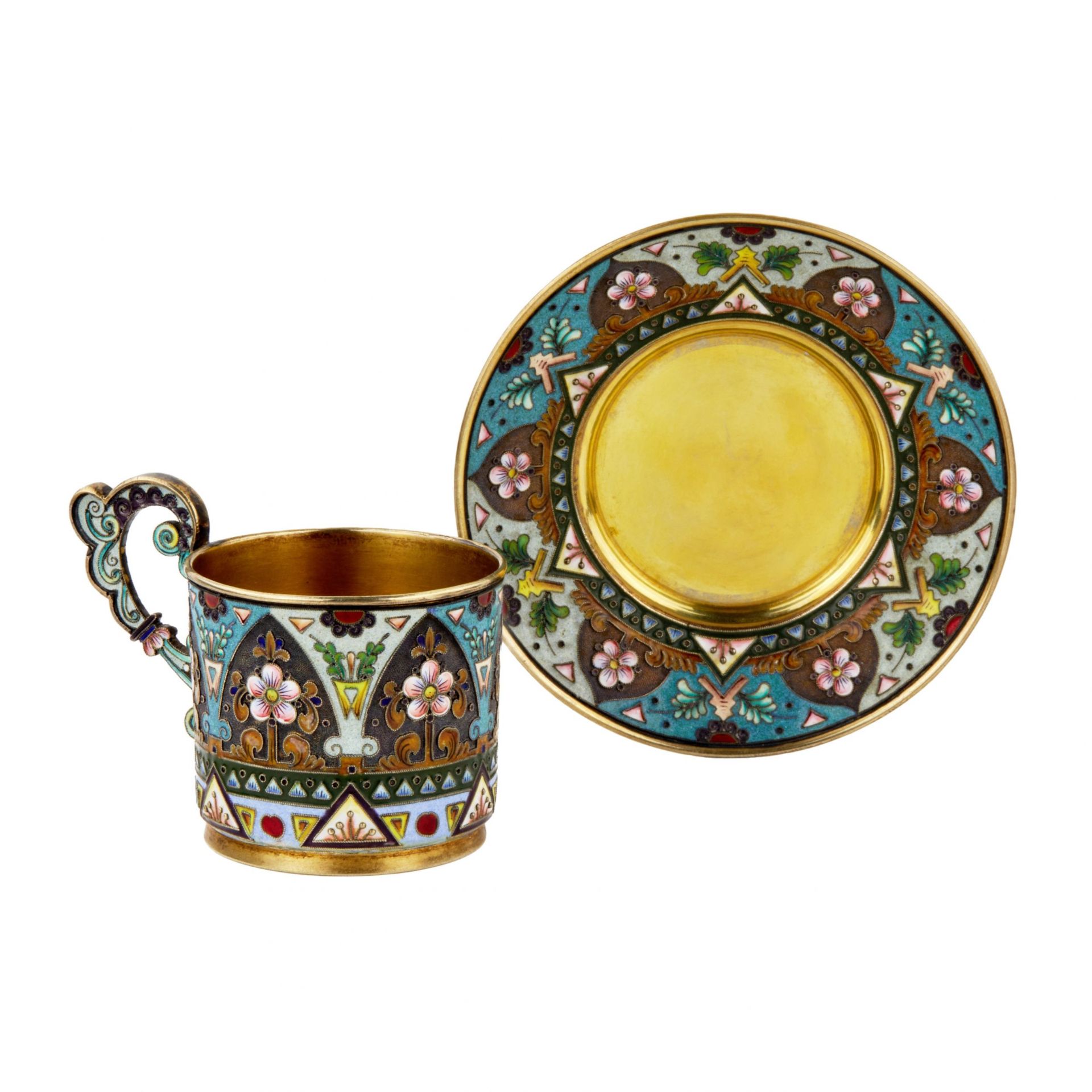 Amazingly beautiful enamel cup and saucer, Russian Art Nouveau in silver. - Bild 5 aus 8