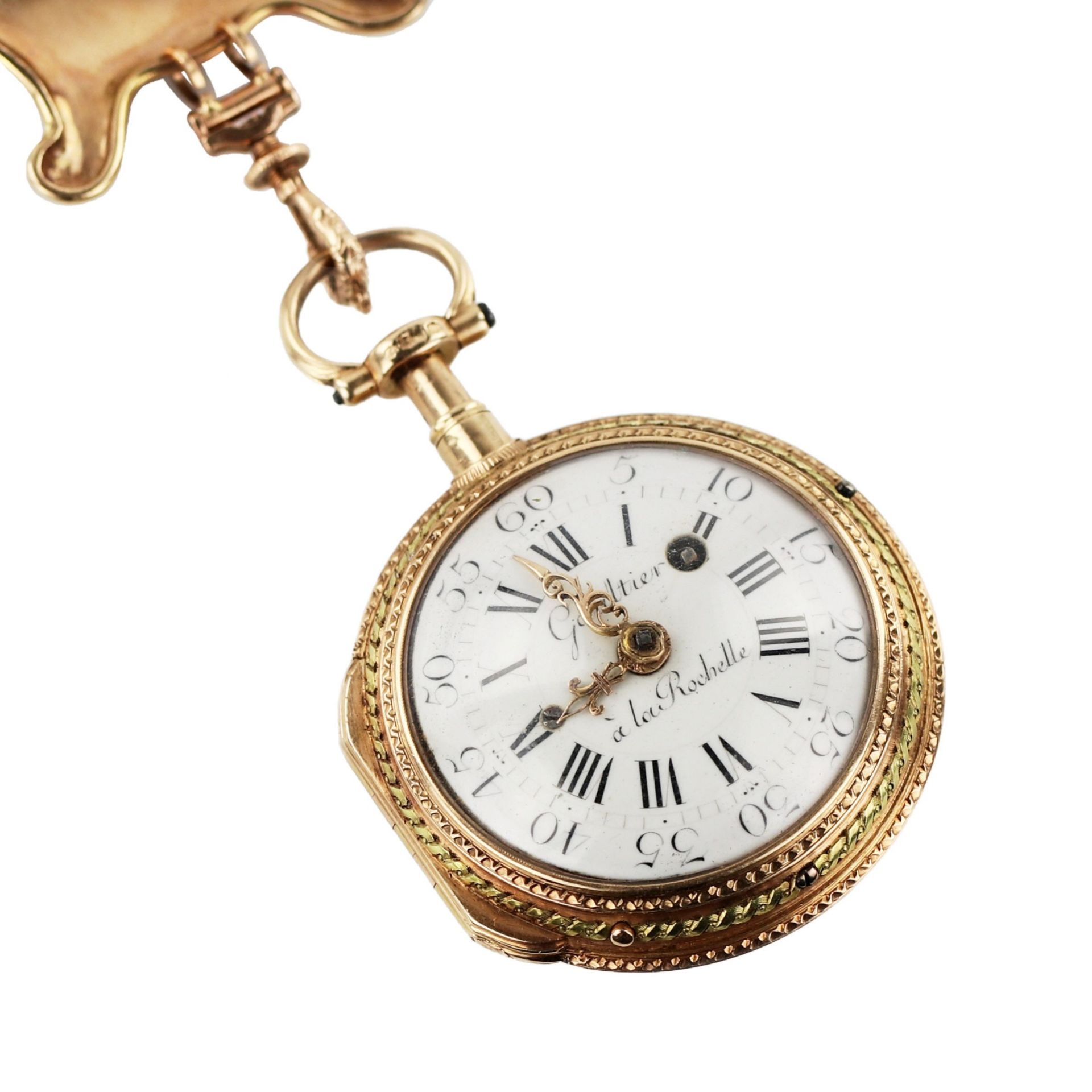 Chatelain with gold pocket watch, diamonds and enamel painting. France 19th century. - Bild 6 aus 10