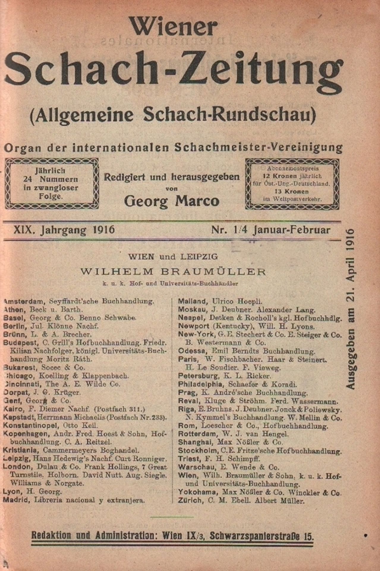 Wiener Schachzeitung. (Allgemeine Schach - Rundschau). Organ der Internationalen Schachmeister -