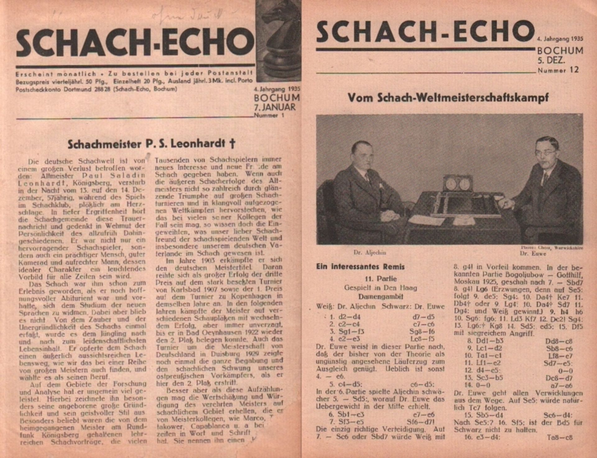 Schach - Echo. Herausgeber: Otto Katzer. 4. Jahrgang, 1935. Mit 4 Textabbildungen und vielen