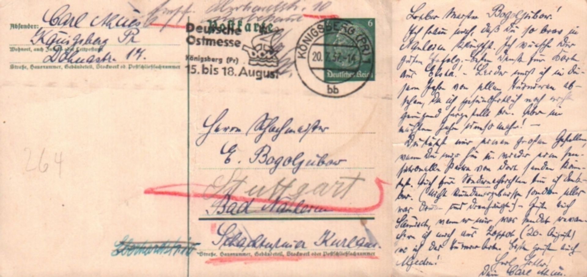 Ahues, Carl. Postalisch gelaufene Postkarte mit eigenhändig von Carl Ahues geschriebenem Text an