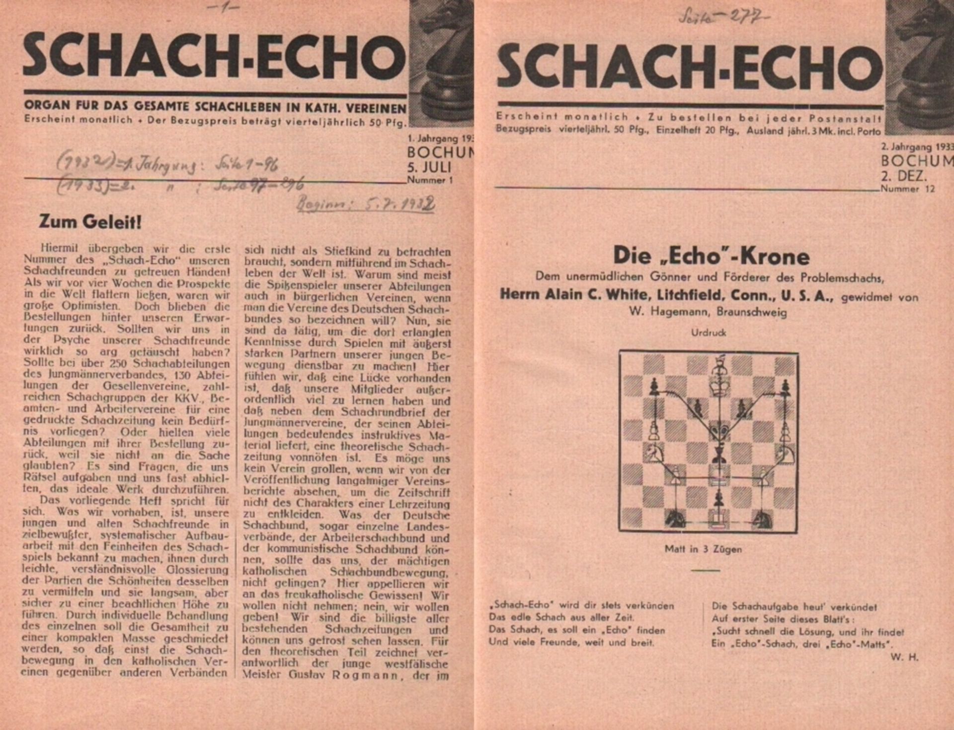 Schach - Echo. Organ für das gesamte Schachleben in kath. Vereinen. Herausgeber: O. Katzer. 1.