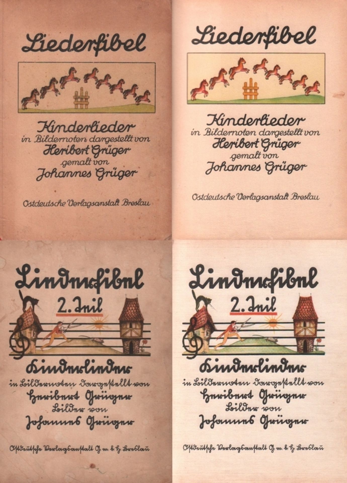 Kinderbuch. Grüger, Heribert. Liederfibel. Kinderlieder in Bildernoten dargestellt. 2 Bände (von 3).