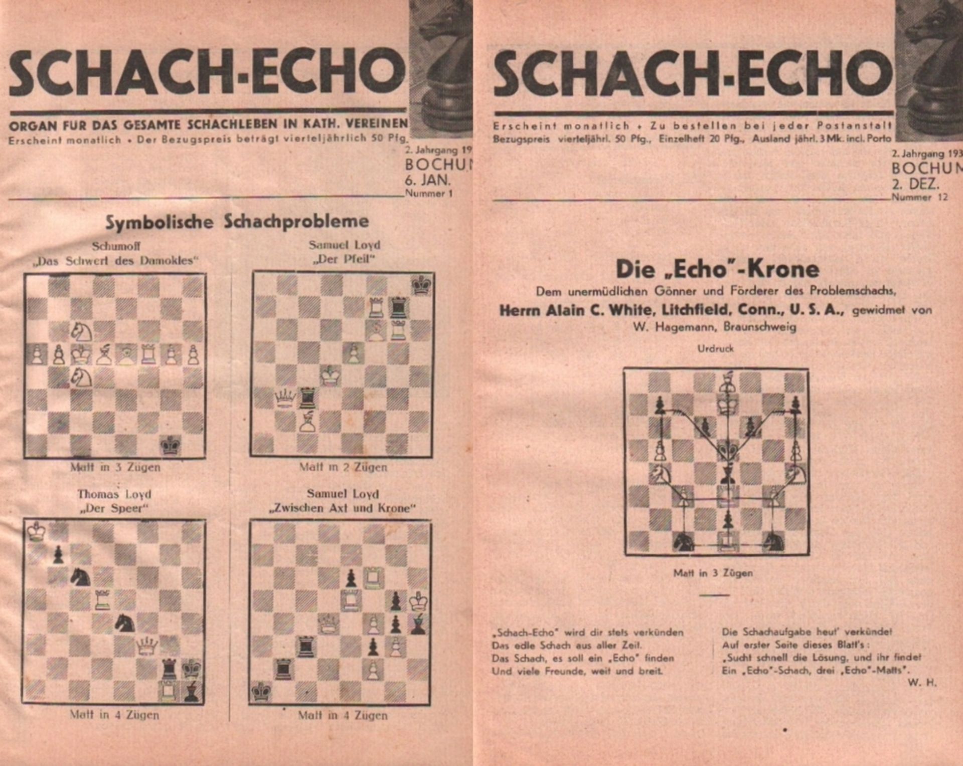Schach - Echo. Organ für das gesamte Schachleben in kath. Vereinen. Herausgeber: O. Katzer. 2.