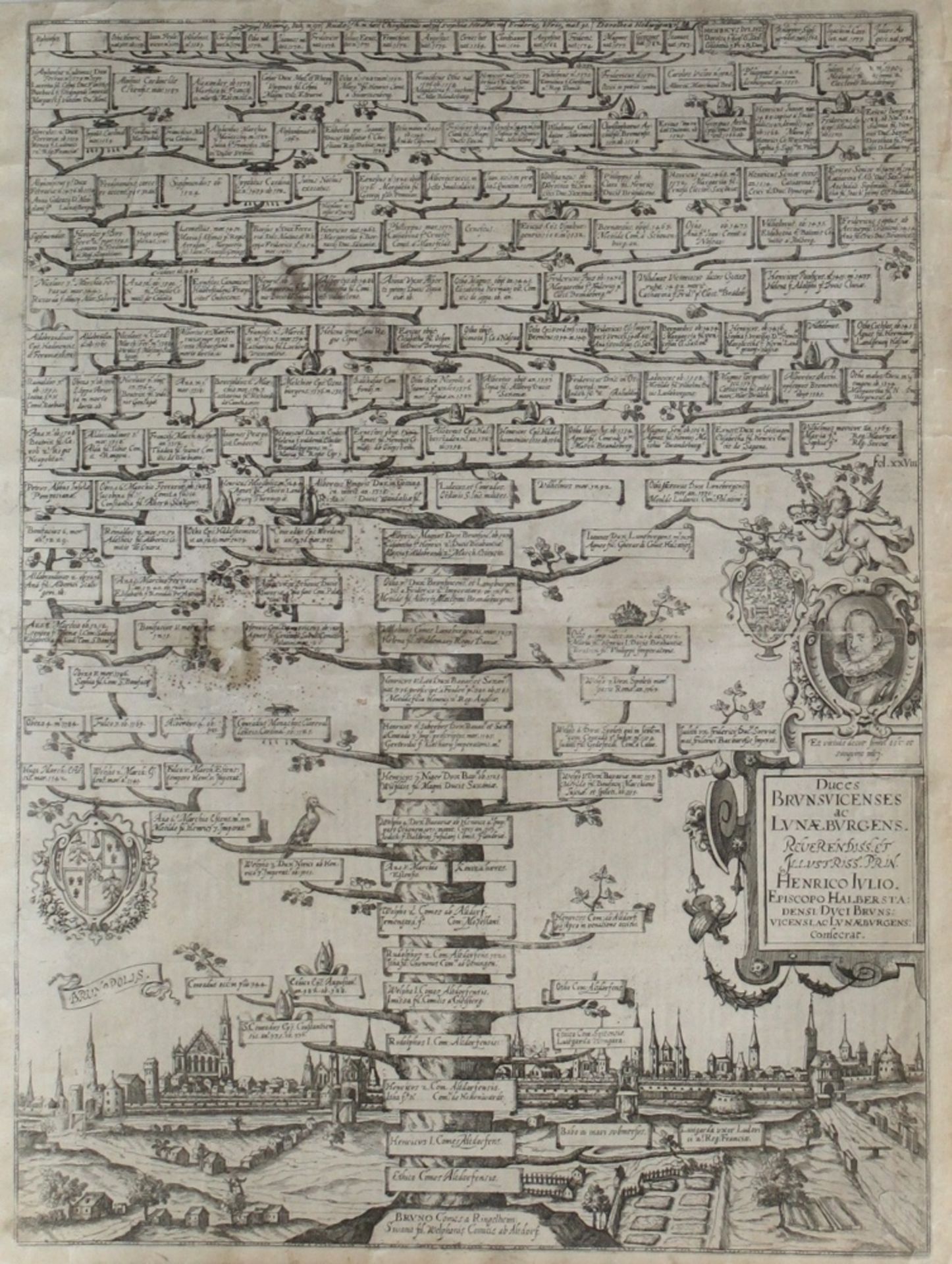 Braunschweig. Stammbaum der Braunschweiger Herzöge. Originaler Kupferstich von Domenicus Custos