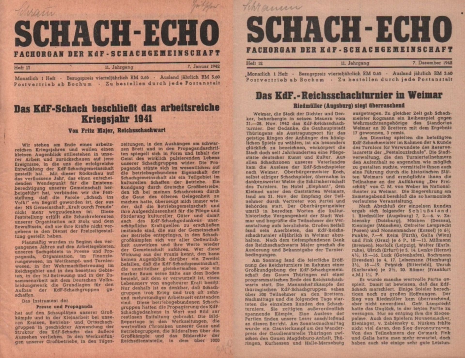 Schach - Echo. Fachorgan der KdF - Schachgemeinschaft. Herausgeber: Otto Katzer. 11. Jahrgang (