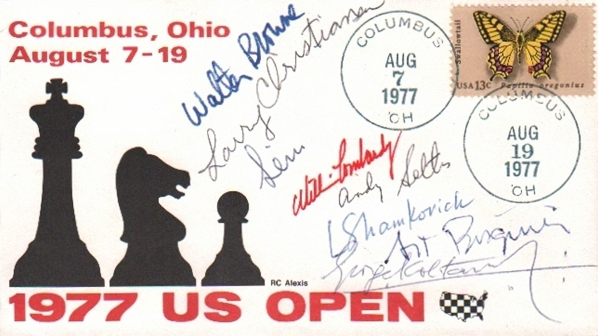 Columbus 1977. Briefumschlag mit farbigem Schachmotiv zu den US Open in Columbus, Ohio vom 7. –