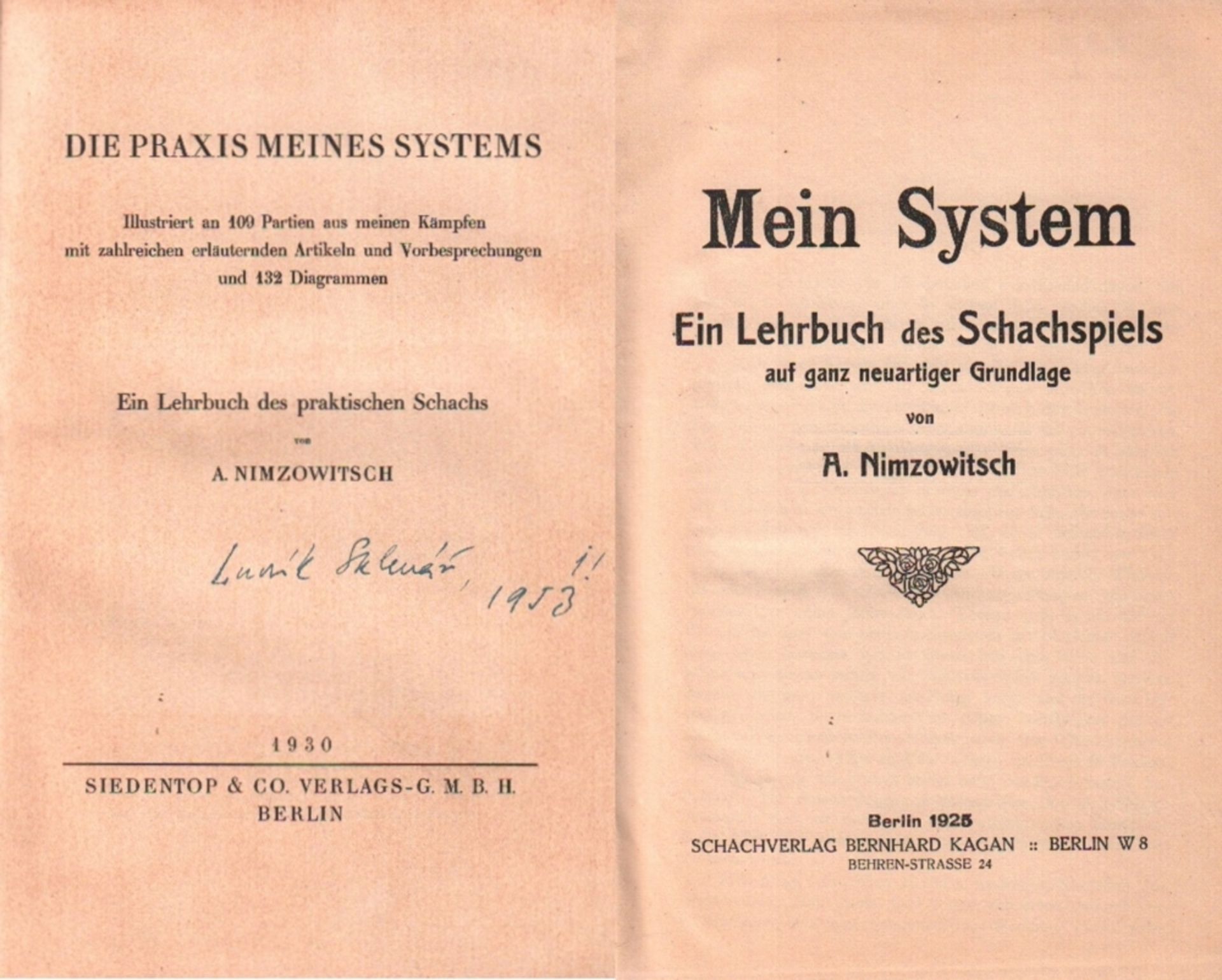 Nimzowitsch, A(aron). Mein System. Ein Lehrbuch des Schachspiels auf ganz neuartiger Grundlage. 1. -