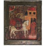 Ikonen. Russische Holzikone. Heiliger Georg mit Messingbasma. Eitempera - Malerei auf Holz aus der