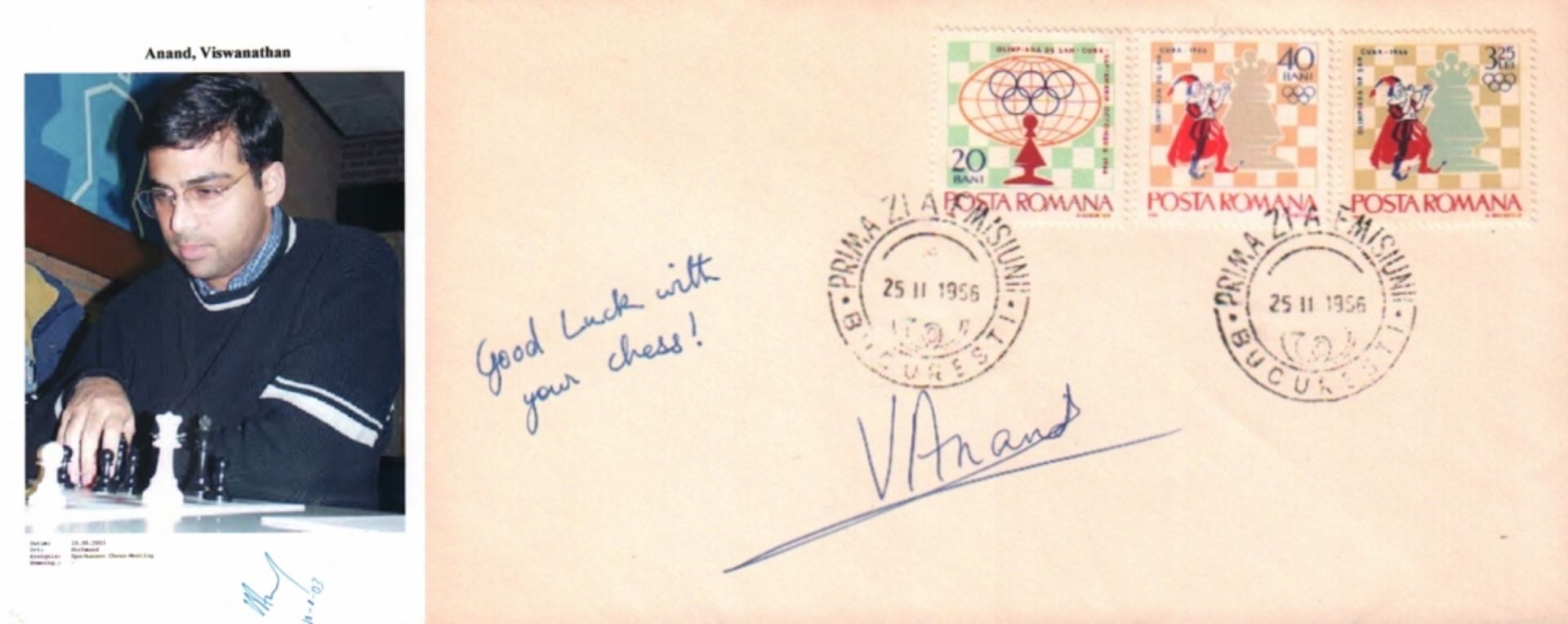 Anand, Viswanathan. Briefumschlag mit 3 rumänischen Briefmarken mit Schachmotiv, 2 Stempeln und